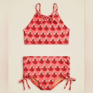 Crewcuts Girls Floral Bow Tie 2 Piece Swim Suit, 7, Coral/ Red